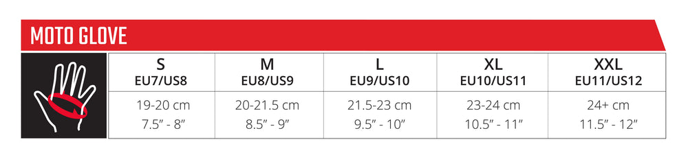 Veľkostná tabuľka Gloves Moto 1.5 - Junior